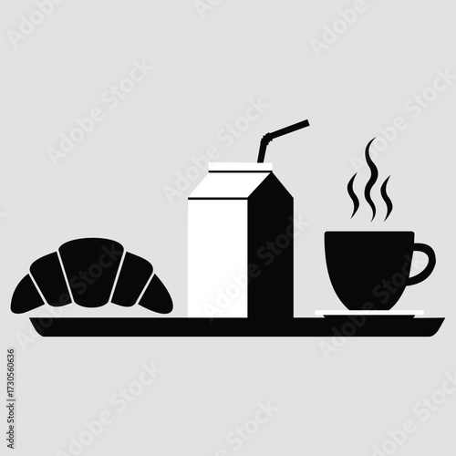 Creative design vector art of a simple black and white illustration of a breakfast tray with a croissant, juice box, and coffee cup