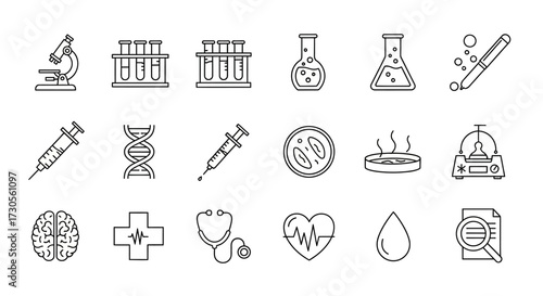 Collection of Scientific and Medical Research Icons in Outline Style.