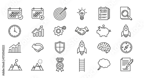 Collection of Thin Line Icons Representing Business Concepts and Strategy.