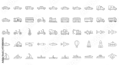 Collection of Various Outlined Transportation Vehicles and Objects in Row.