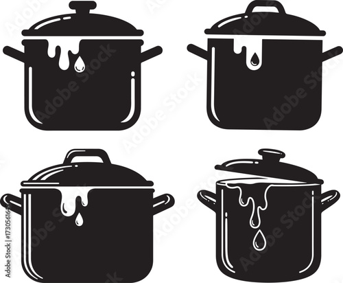 Four black cooking pots silhouette with dripping paint