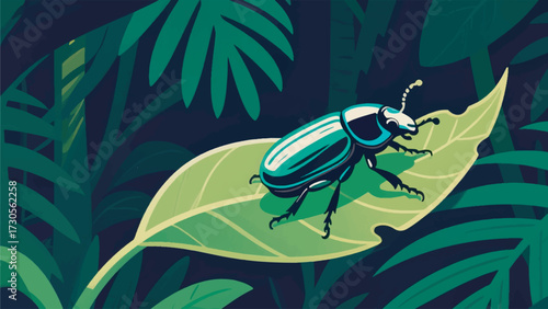 Illustration Of A Metallic Leaf Beetle Attached To A Fresh Leaf In A Tropical Forest Vector Design Template
