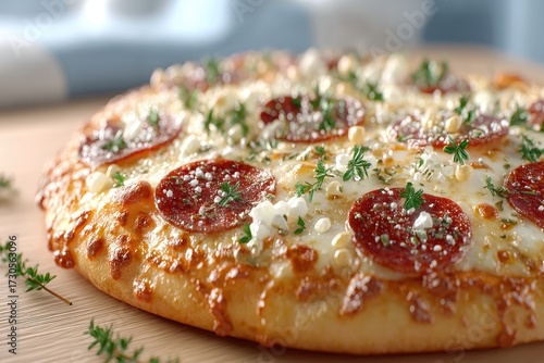 Macro Close Up of Delicious Pepperoni Pizza with Melted Cheese and Herbs on Wooden Board