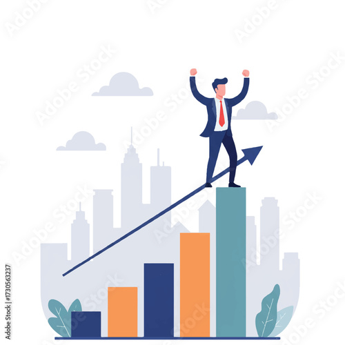 A triumphant business person in vibrant 2D flat vector illustration style stands on a rising bar chart, celebrating a significant achievement against a subtle cityscape background.