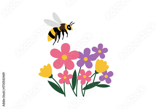 A bee flies above pink purple and yellow flowers with green stems and leaves