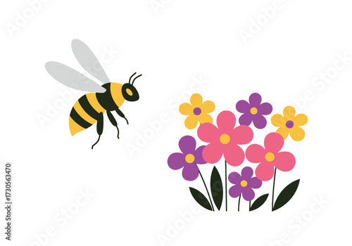 A bee flies toward a cluster of pink purple and yellow flowers with green stems on a white background