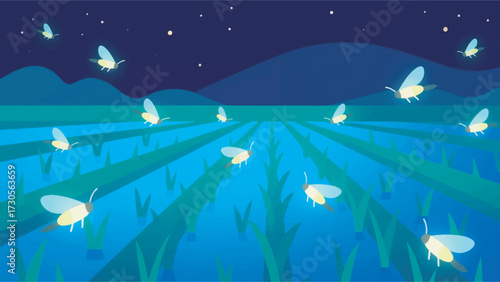 Illustration Of Glowing Fireflies Flying At Night In A Rice Field Vector Design Template