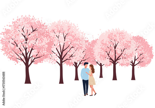 A couple embraces under a grove of pink cherry blossom trees