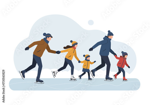 A family of five ice skating together on a light blue surface wearing winter clothes