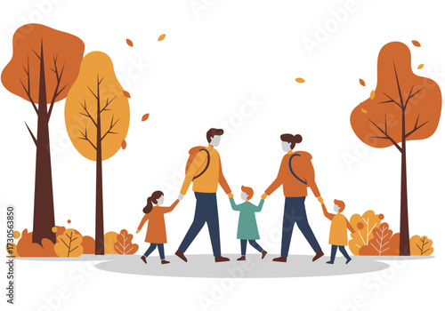 A family of four walks amidst autumnal trees leaves falling
