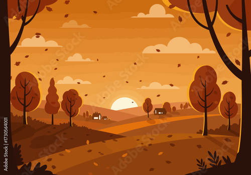 A serene autumn landscape illustration with rolling hills, falling leaves, and a warm, golden sunset over a rural countryside.