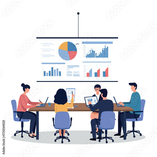 Vibrant 2D flat vector art depicts a diverse business team collaborating at a conference table, reviewing project charts on a big screen, fostering innovation and teamwork.