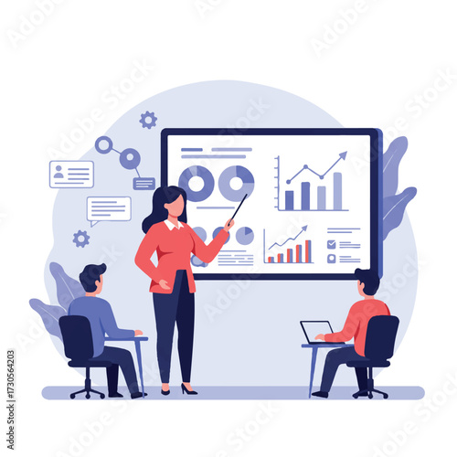 Female manager presents a successful sales report featuring vibrant growth charts and graphs on a digital display to attentive colleagues in a clean 2D flat vector illustration.