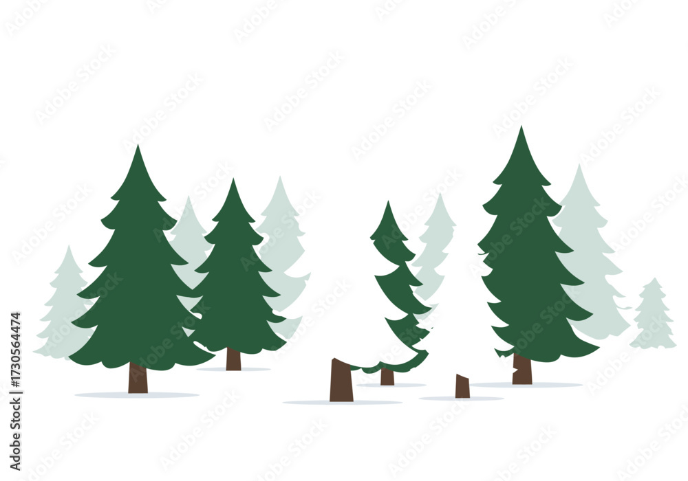 Obraz premium A scattering of green snowcovered pine trees on a white background