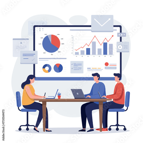 A diverse business team actively collaborates around a conference table in a vibrant 2D flat vector illustration, reviewing a laptop and large digital dashboard showing positive growth metrics.