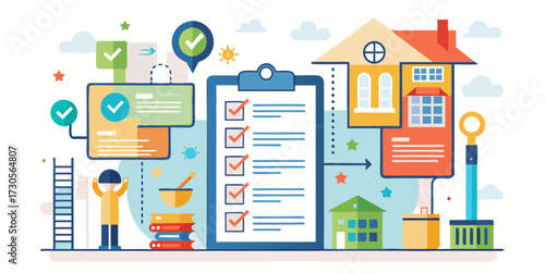 Colorful flat illustration of home project planning with checklist, documents, icons and houses representing task completion and organization