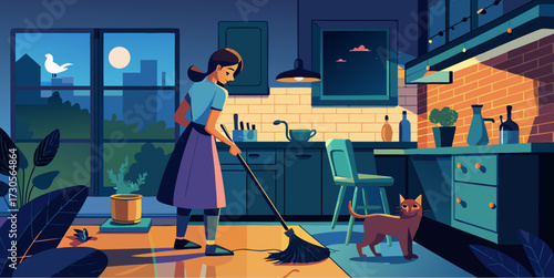 Woman cleaning the kitchen floor with a broom at night, while a curious cat stands nearby in a cozy, softly lit home interior