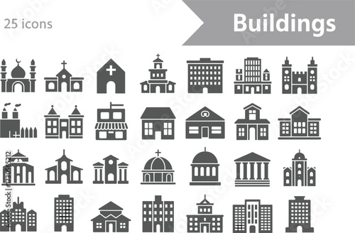 Building icons set, architecture symbols for design, web, app UI — modern flat vector illustrations, commercial use ready
