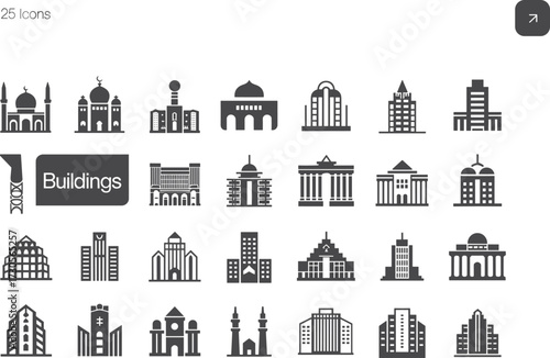 Building icons set, architecture symbols for design, web, app UI — modern flat vector illustrations, commercial use ready