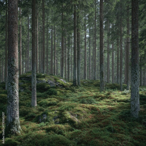 Wallpaper Mural Dense forest landscape scene with lush greenery and towering trees under sunlight Torontodigital.ca