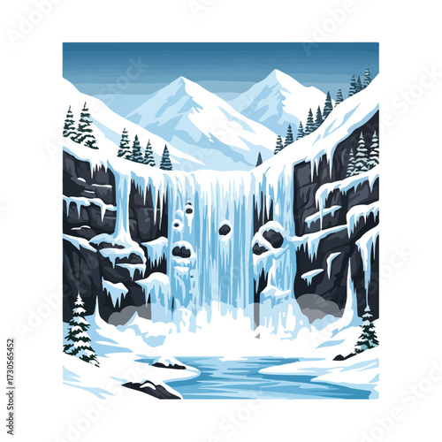 A majestic frozen waterfall cascades down a cliff in a snowy mountain landscape vector illustration.