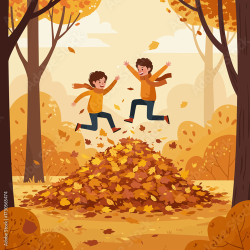 Two cheerful children joyfully jumping into a large pile of colorful autumn leaves in a park setting.