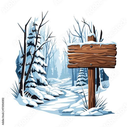 A blank wooden signpost stands on a snow-covered path leading into a tranquil, wintry forest illustration.