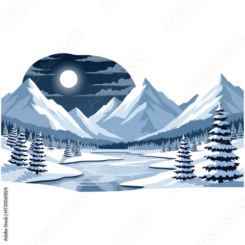 A tranquil winter landscape featuring snow-covered mountains and a frozen river under a full moonlit night sky.