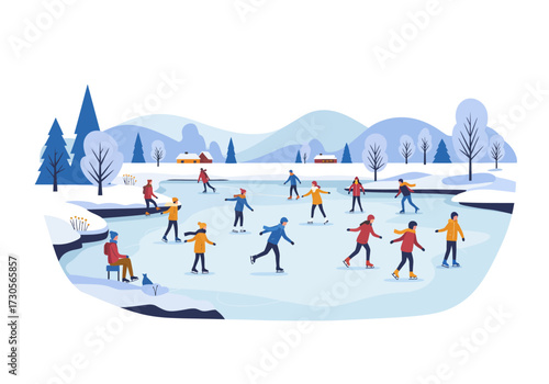 A winter scene with figures skating on a frozen lake surrounded by snowy landscapes trees and small buildings