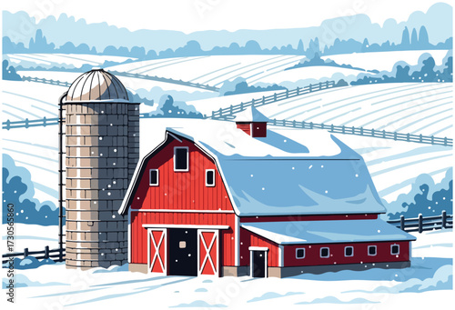 A vibrant red barn and a tall silo stand prominently in a serene, snow-covered winter landscape with rolling hills and distant trees.