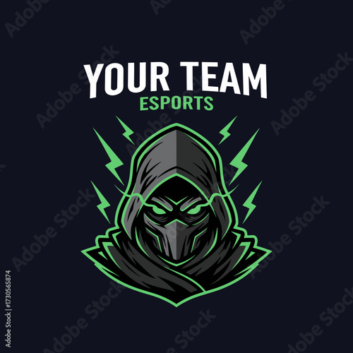 An esports team logo featuring a mysterious hooded figure with glowing green eyes and lightning bolts.