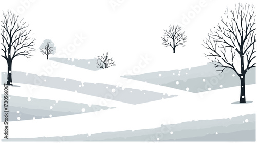 A serene winter landscape featuring snow-covered hills, bare trees, and a peaceful atmosphere.