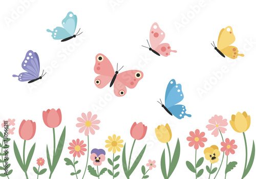 Butterflies flutter above a vibrant flower bed their wings adding colorful accents