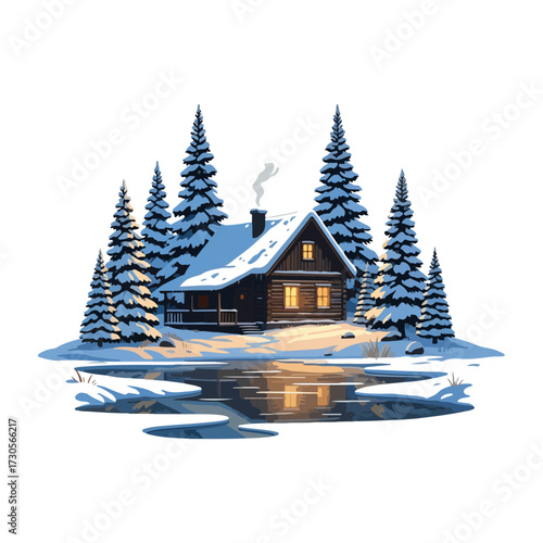 A cozy snow-covered cabin with glowing windows nestled among pine trees by a frozen lake, reflecting the warm light.
