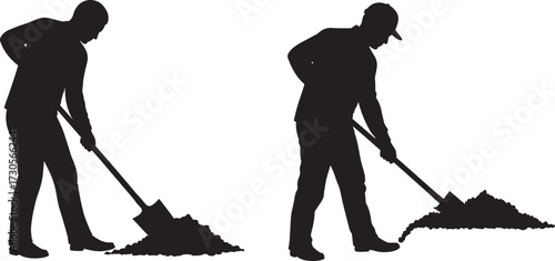 Two construction workers digging with shovels silhouette