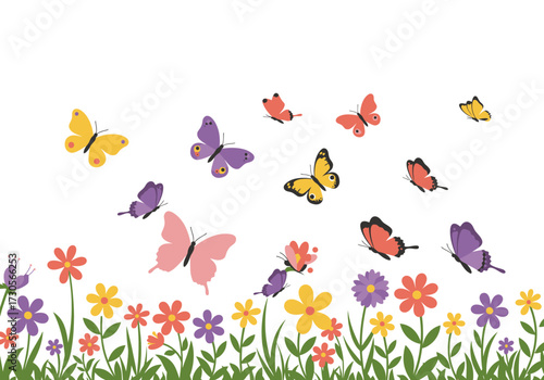 Butterflies flutter above colorful flowers and green grass on a white background