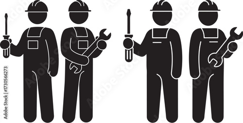 Four construction workers holding tools silhouette