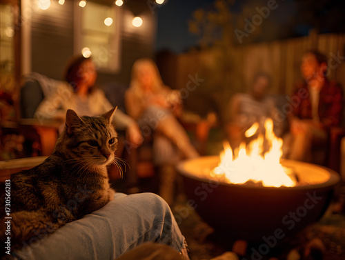 Group of friends enjoys cozy evening around fire pit in backyard, with relaxed tabby cat sitting on person lap, warm lights glowing in background
