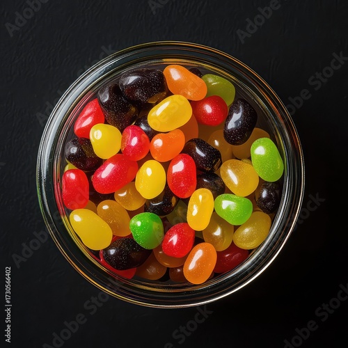 Overhead view of colorful jelly beans in a glass jar on a dark background