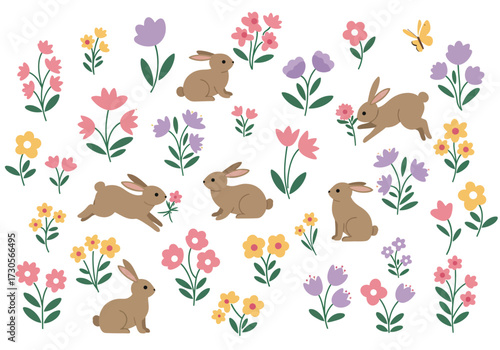 Cartoon rabbits amid pink purple yellow flowers a butterfly flits among them