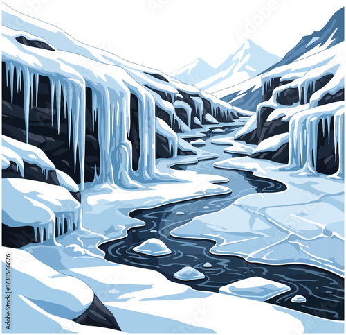 Icy river flowing through a snowy mountain landscape with icicles.