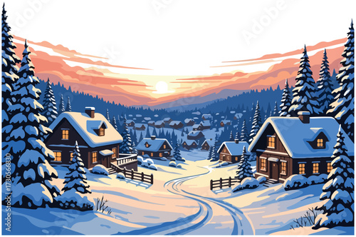 Winter landscape with snow-covered houses and trees at sunset.