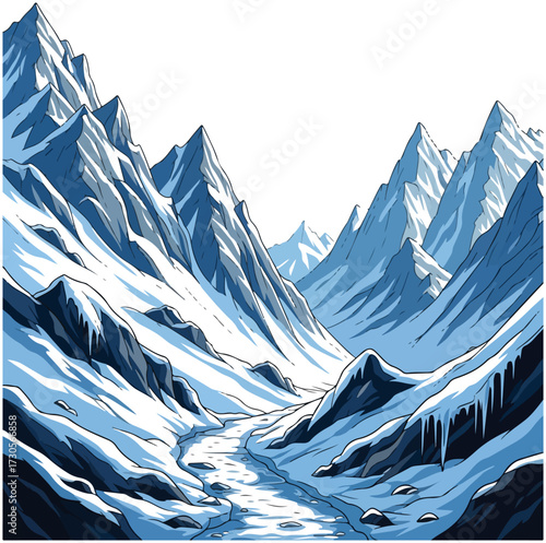 Snowy mountain landscape with a frozen river running through the valley.