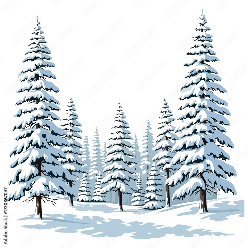 Obraz premium A detailed illustration of a winter forest scene, featuring snow-covered evergreen trees and a snowy ground.