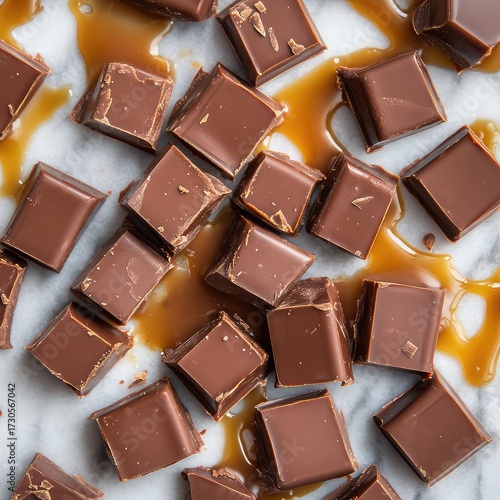 Overhead view of milk chocolate caramel cubes scattered on a white marble background