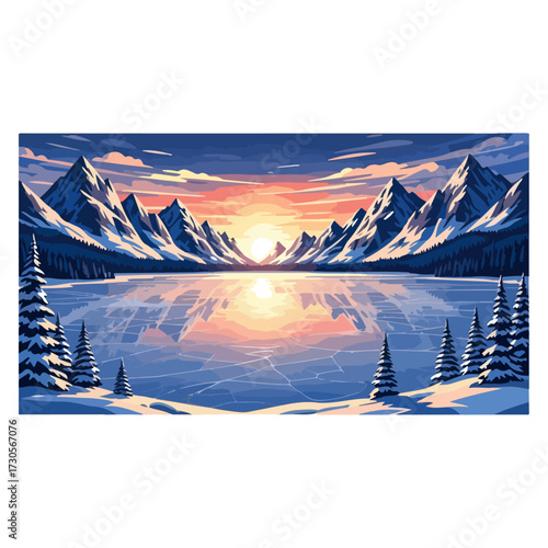 Winter landscape with frozen lake and snow-covered mountains at sunset.