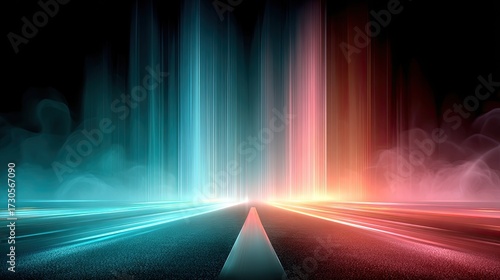 Neon Pathways - Vibrant electric blue and pink neon arrows splitting upward through black smoke, creating an energetic futuristic vibe with glowing light streaks