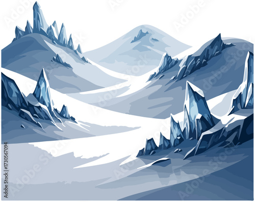 A vector illustration of a frozen, snowy mountain landscape with sharp blue ice crystals.