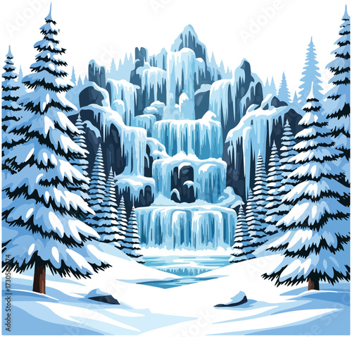 A majestic frozen waterfall cascades down a rocky mountain in a serene, snow-covered evergreen forest.