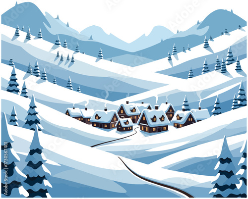 A cozy winter village with glowing windows nestled in a snowy mountain valley surrounded by pine trees.